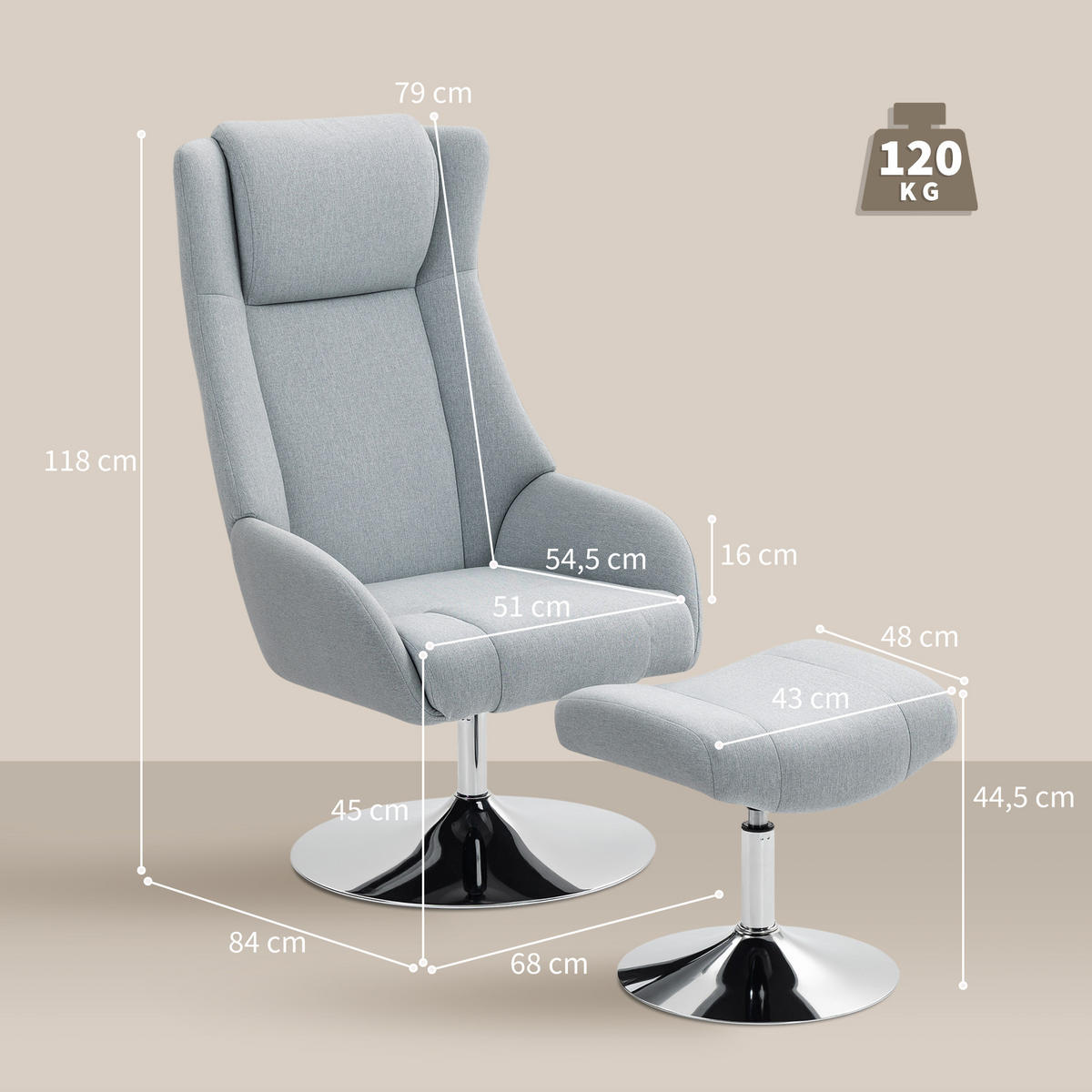 POLSTERSTUHL DE-07556 mit Fußhocker, drehbar und zurücklehnbar Grau - Grau, Metall (68/118/84cm) - ComfortXL