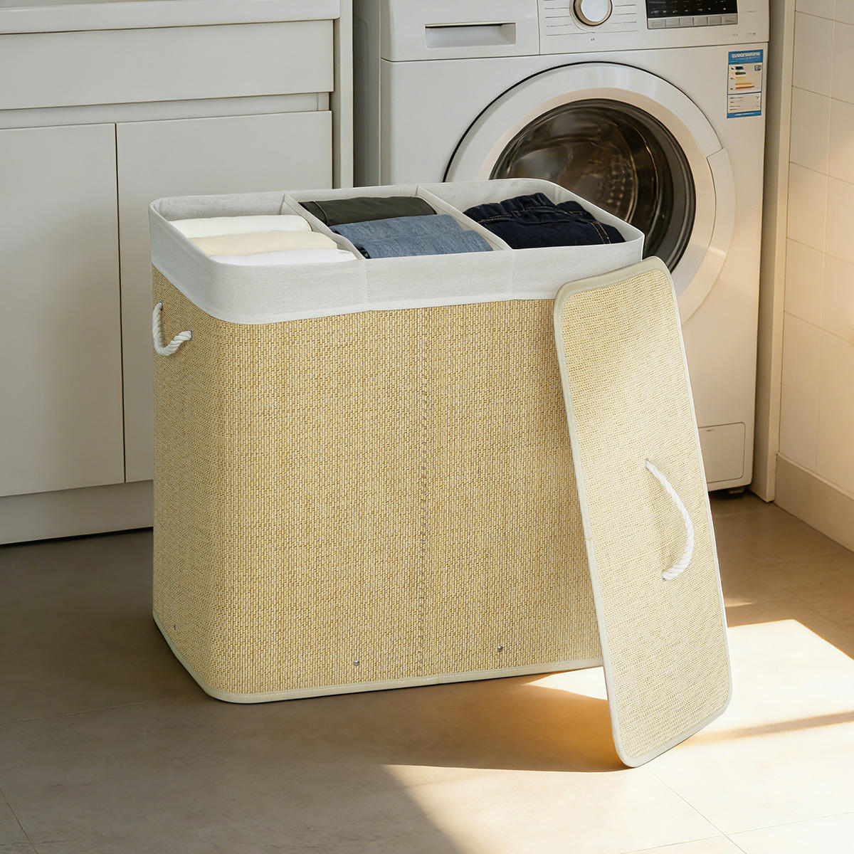 WÄSCHEKORB Bambus Cremeweiß - Creme, Holz (40/60/60cm) - HOMCOM