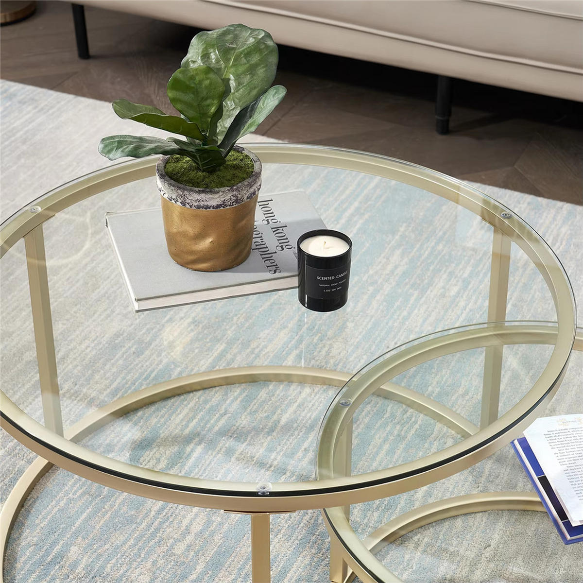 COUCHTISCH rund Glas Metall 2-in-1 Sofa Tisch modern - Goldfarben, Glas (60/60/45cm) - Kaket