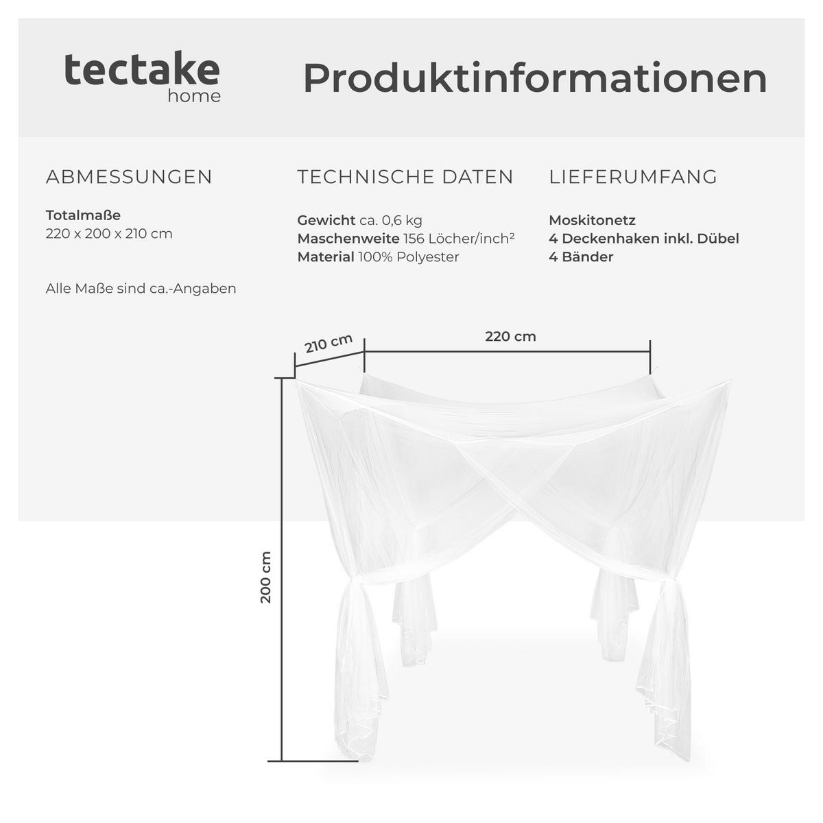 MOSKITONETZ ,220 x 200 x 210 cm,weiß - Weiß, Textil - tectake