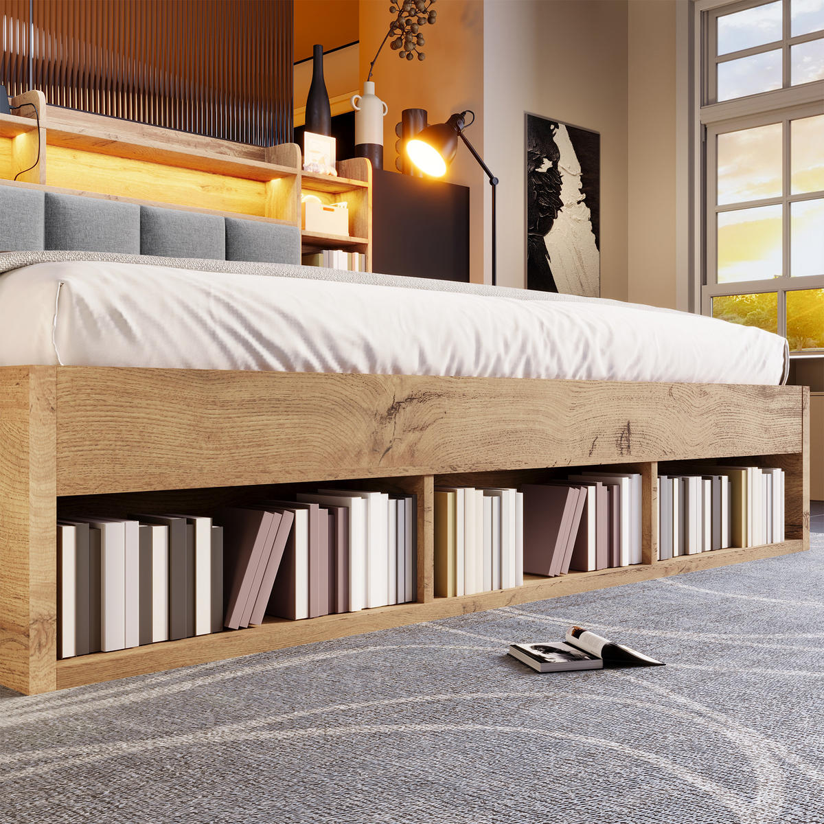 BETT 180/200 cm in Eichefarben mit Schubladen, Regal, LED, USB und Type-C Holzoptik - Eichefarben/Grau, Holzwerkstoff/Textil (180/200cm) - STILVORA