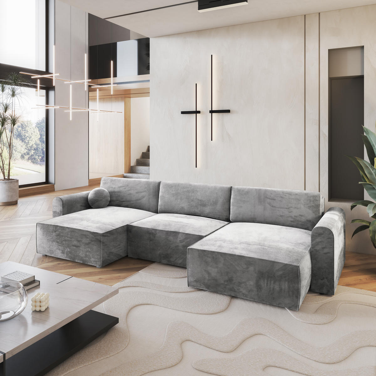 WOHNLANDSCHAFT FENTO M Hellgrau Velours-Stoff mit Schlaffunktion - Hellgrau, Holz (347/90/148cm) - MASSENO