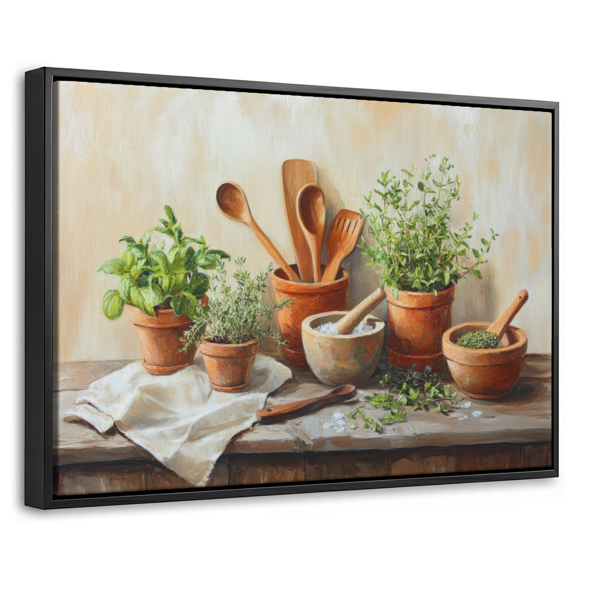 LEINWAND Bilder mit Rahmen - Töpfe - Kräuter - Holz - 30x20 - Terracotta, Textil (30/20cm) - MuchoWow