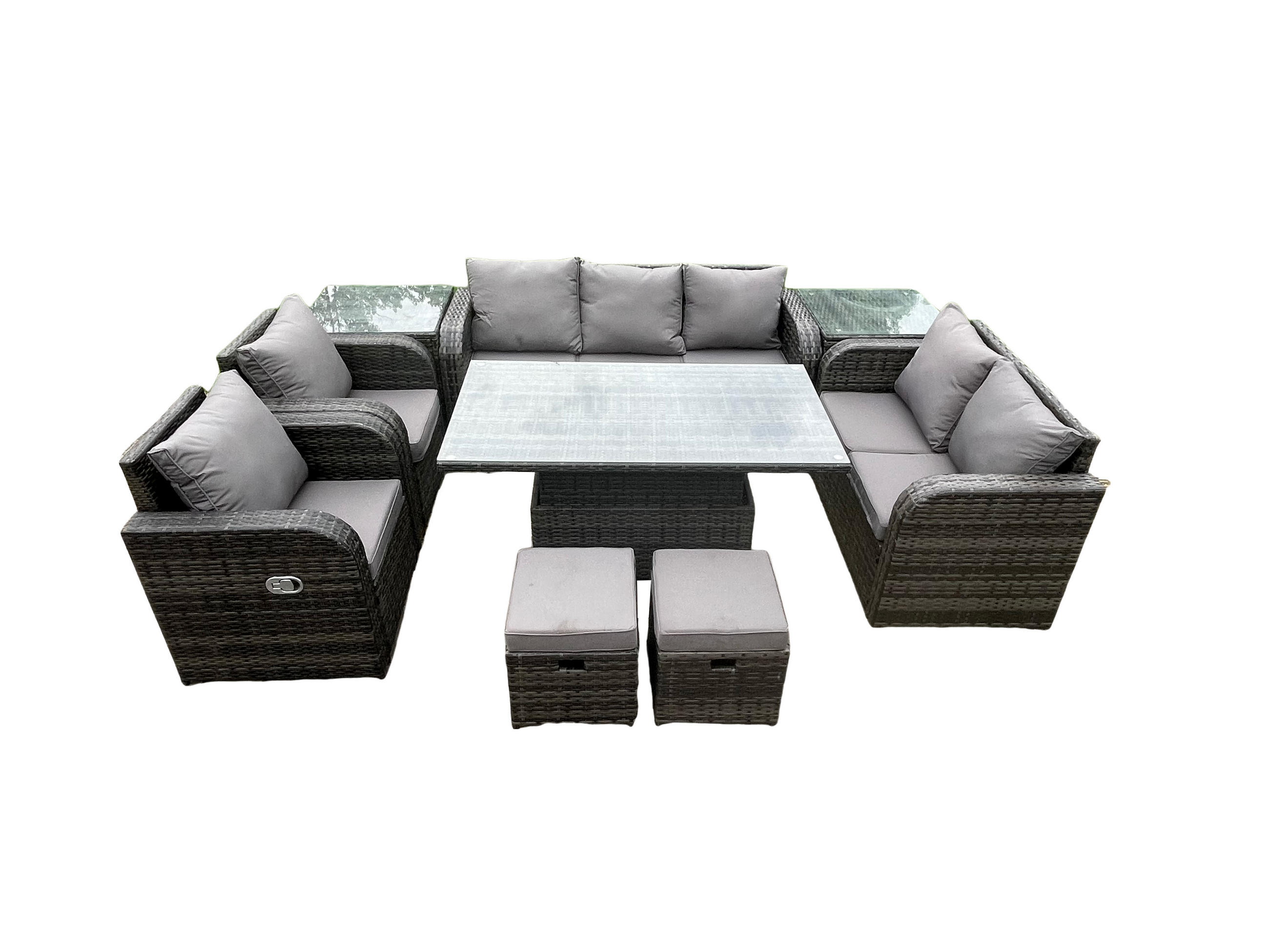 GARTENTISCHGRUPPE Polyrattan 9-Sitzer - Dunkelgrau/Grau, Glas/Kunststoff - Fimous