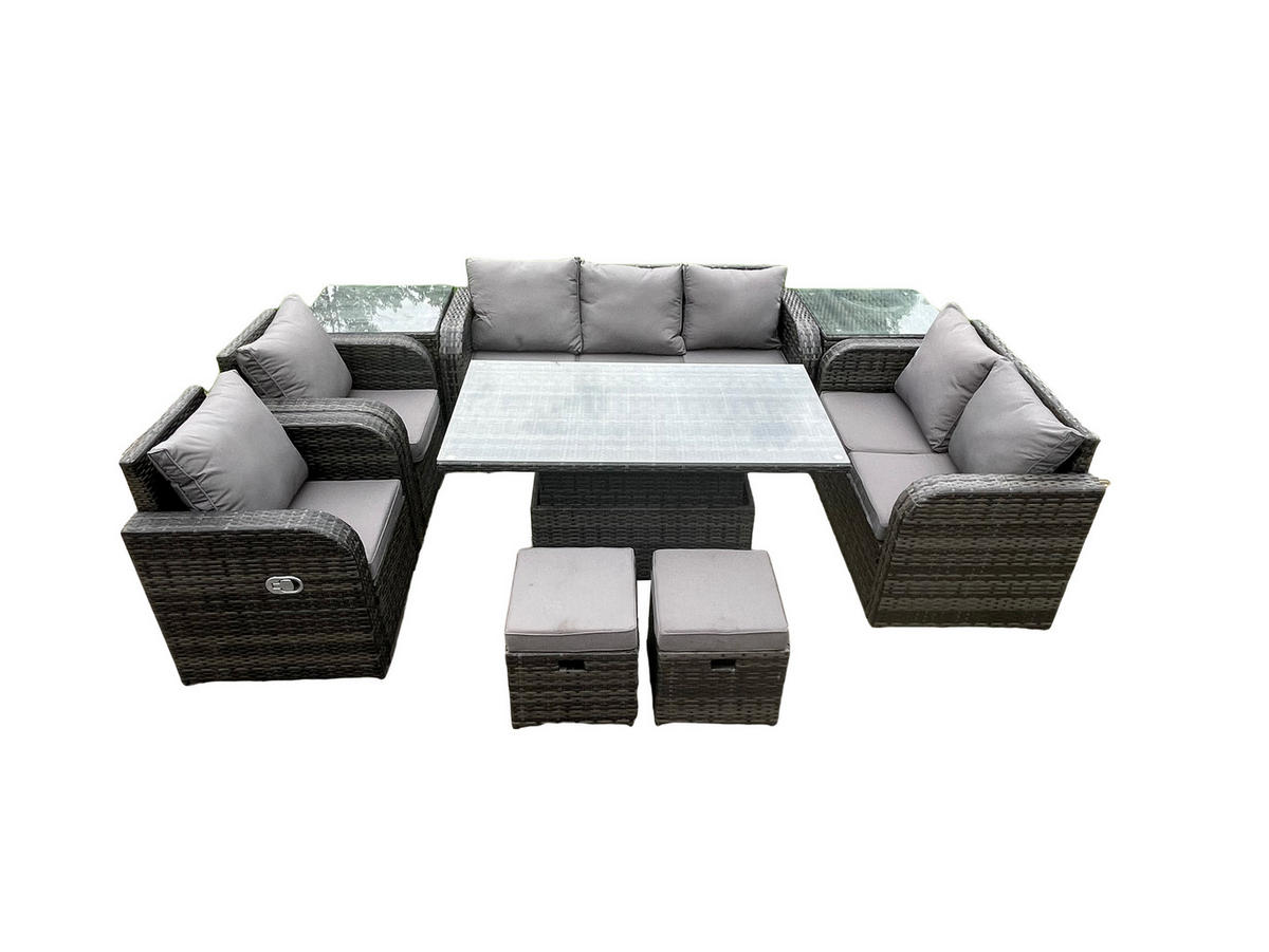 GARTENTISCHGRUPPE Polyrattan 9-Sitzer - Dunkelgrau/Grau, Glas/Kunststoff - Fimous