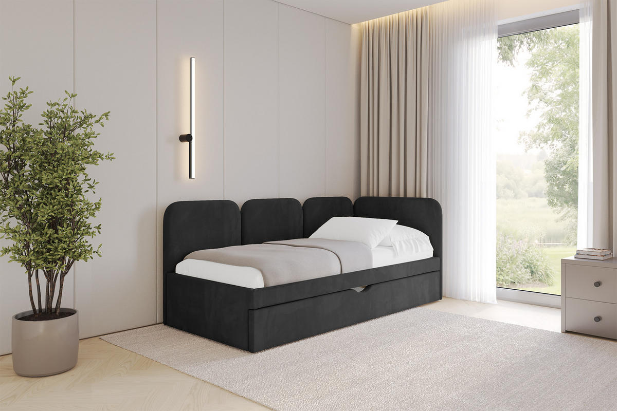 EINZELLBETT Jugendbett mit Bettkasten, Links - ALVY 100x200 Schwarz - Schwarz, Holzwerkstoff/Textil (100/200cm) - ALTDECOR