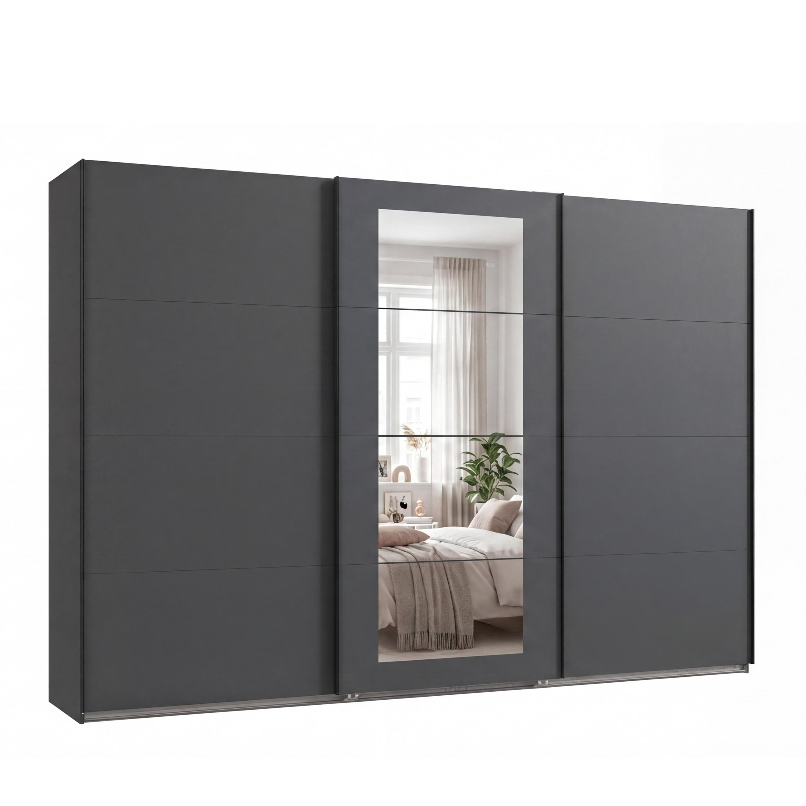 SCHWEBETÜRENSCHRANK 3-türig B313/H208/64 cm Kleiderschrank in Grafit, mittig Spiegel, Griffe Schwarz / 22633 - Schwarz/Graphitfarben, Holzwerkstoff/Metall (313/208/64cm) - luma-home