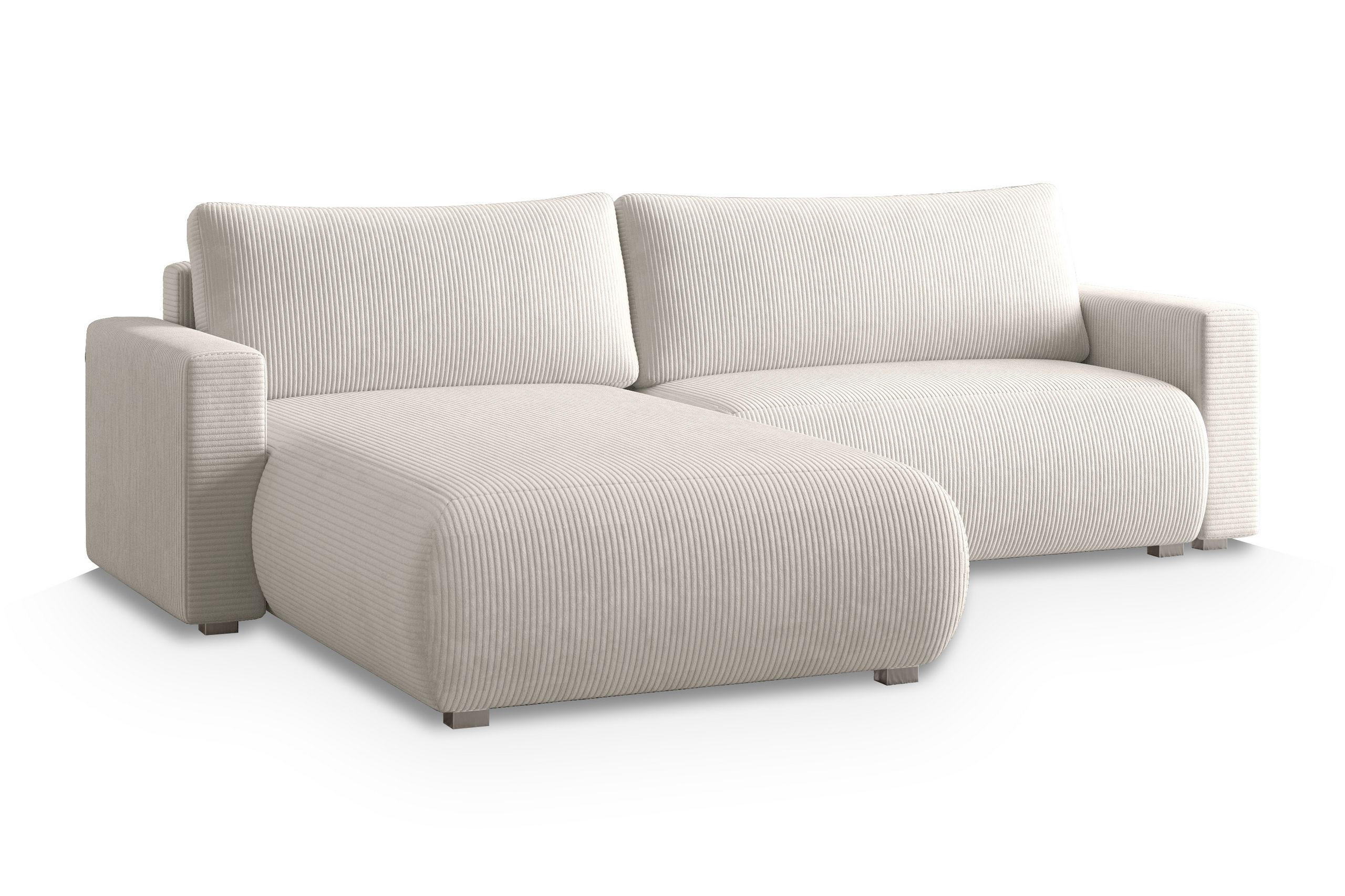 ECKSOFA TURIN P Creme Kordstoff mit Schlaffunktion - Creme, Holz (265/183cm) - MASSENO