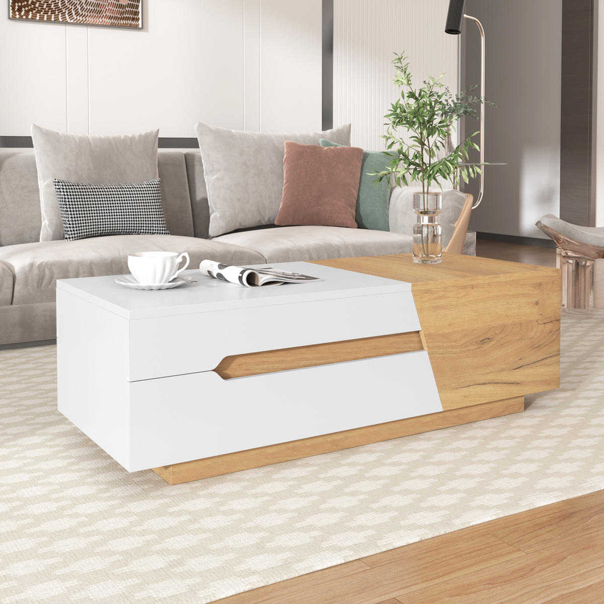 COUCHTISCH aus MDF mit verschiebbarem Stauraum und 2 Schubladen, 120/50/37,5 cm, weiß und natur - Weiß, Holzwerkstoff (120/50/37.5cm) - Redom