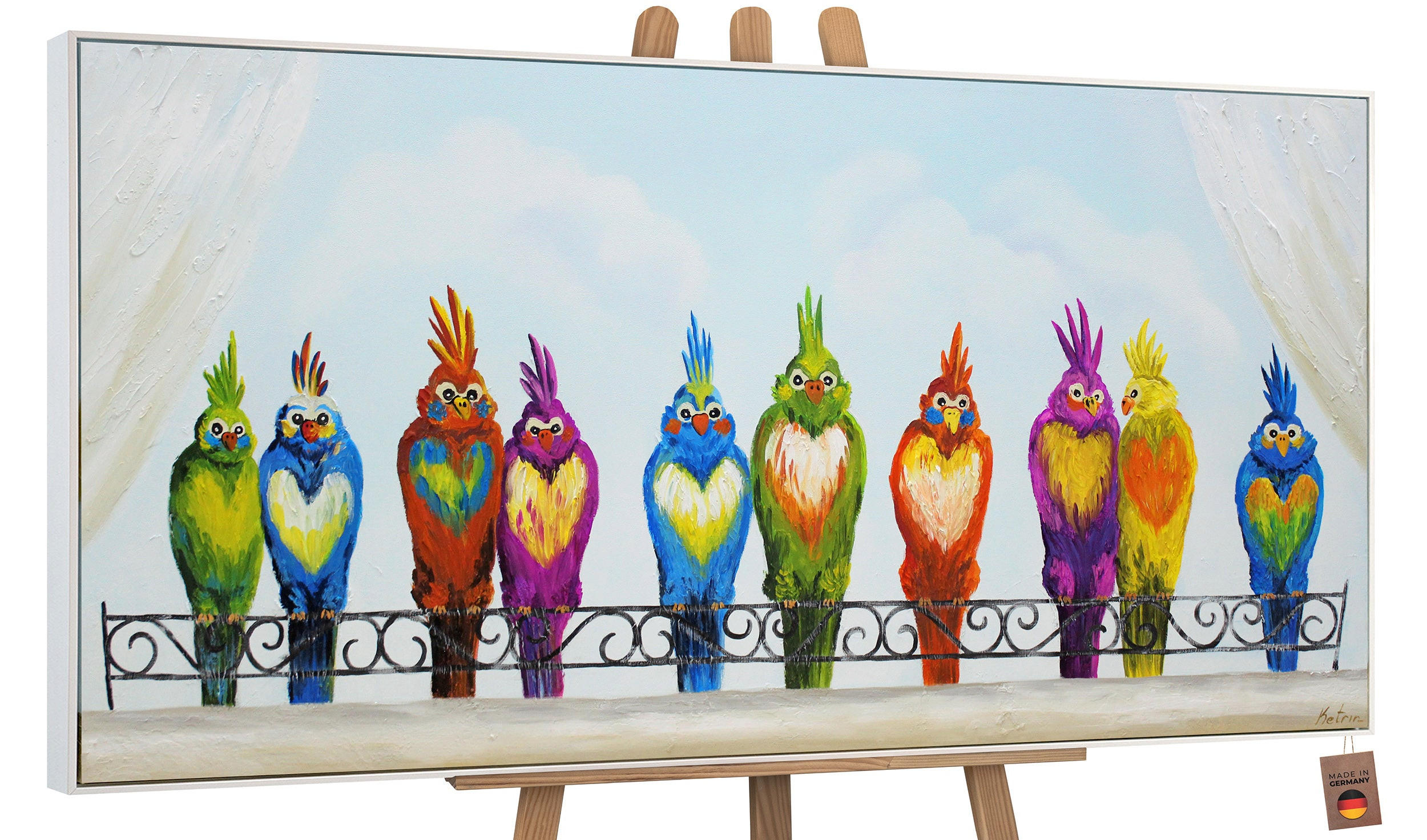 GEMÄLDE Lustige Vögel Schattenfugenrahmen weiß 160x80 cm - Weiß, Holz (160/80cm) - YS-art gallery