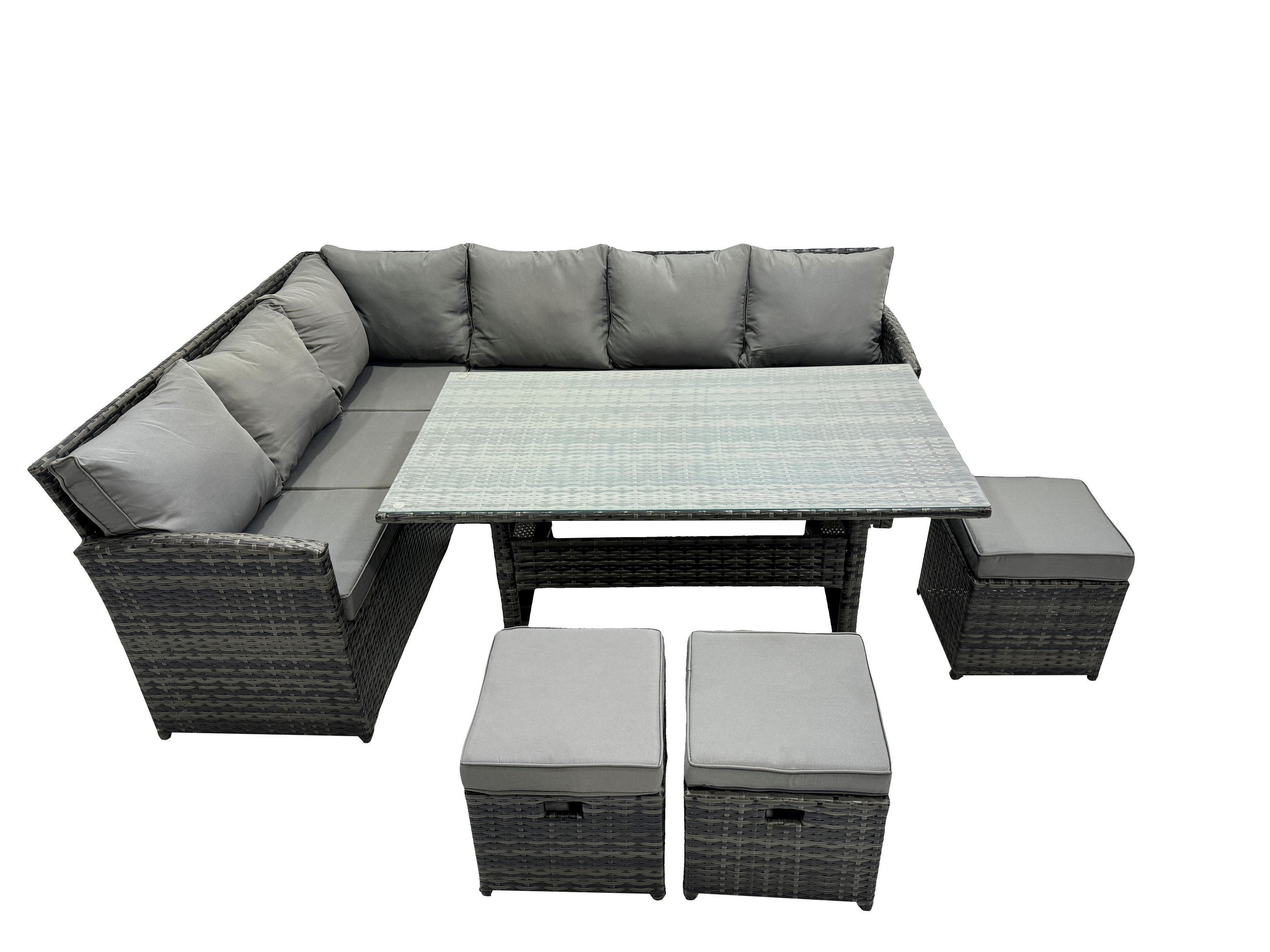 SITZGRUPPE mit Esstisch,Fußhocker Polyrattan Dunkelgrau 9-Sitzer - Dunkelgrau/Grau, Glas/Kunststoff - Fimous