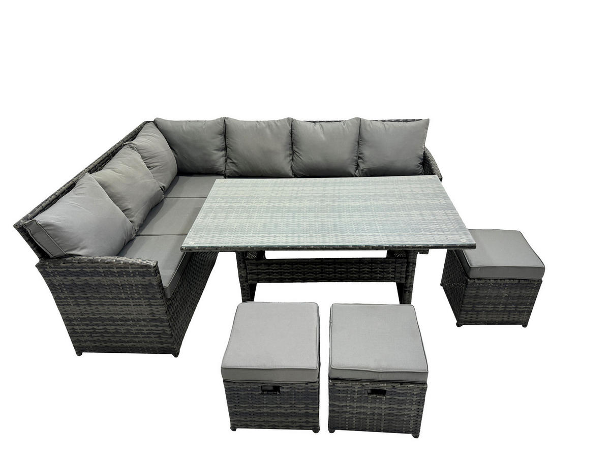 GARTENMÖBEL SET mit Rechteckiger Esstisch Polyrattan Dunkelgrau 9-Sitzer - Dunkelgrau/Grau, Glas/Kunststoff - Fimous