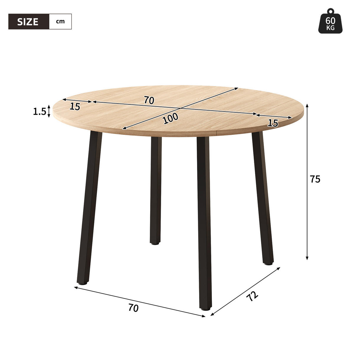 ESSTISCH 100/100 cm in Eicheoptik, klappbar, rund, für 2-4 Personen - Eichefarben, Holzwerkstoff (100/100/75cm) - Flora Grace