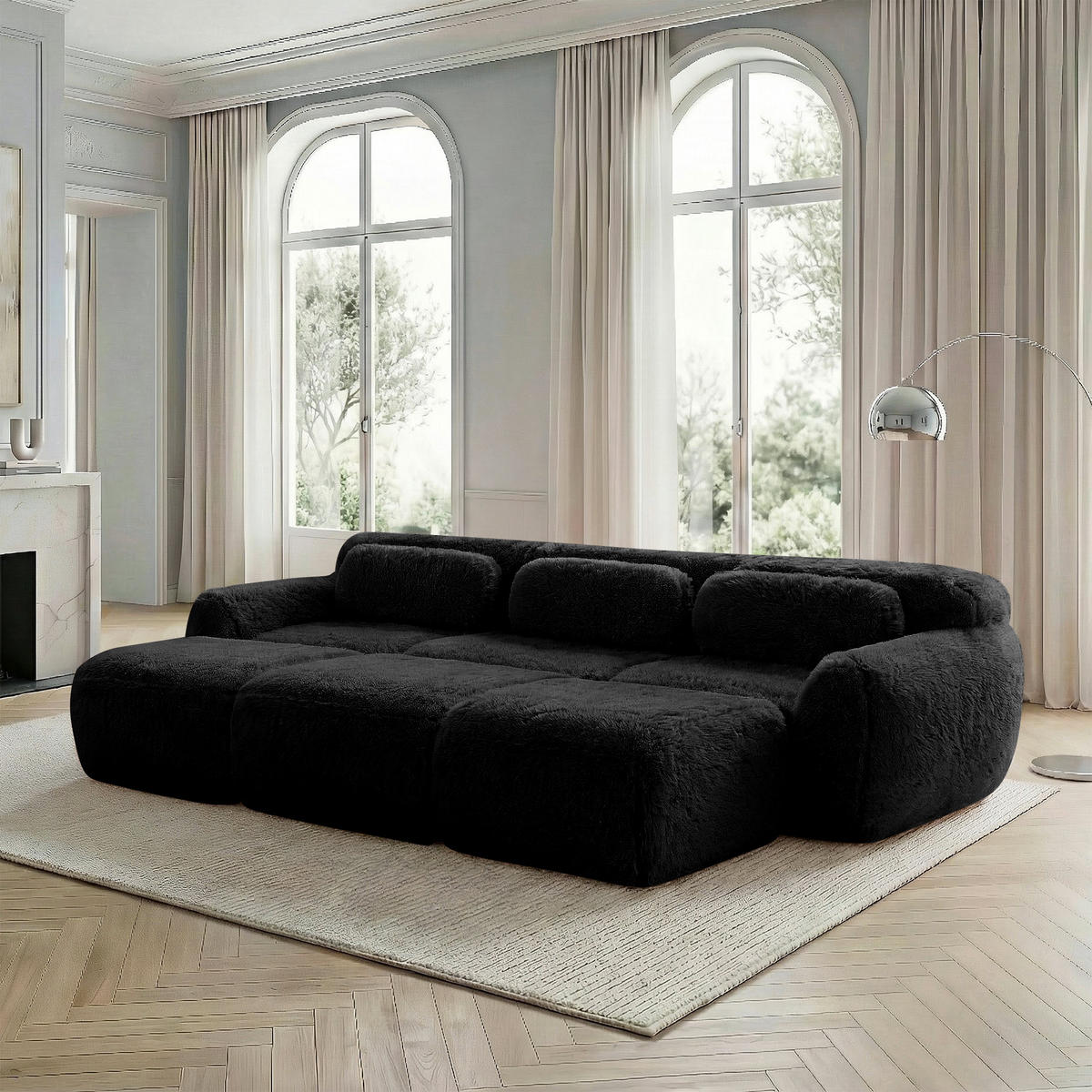 3-SITZER Sofa 291x179x73 cm aus Plüschstoff rahmenlos modular mit 3 Ottomans, schwarz - Schwarz, Textil (179/73/291cm)