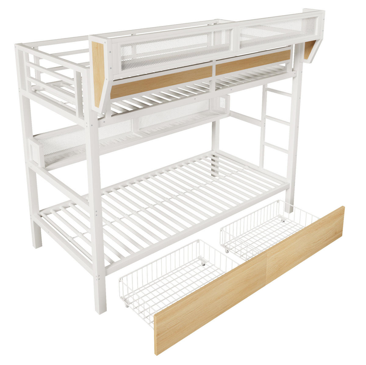HOCHBETT aus Metall und MDF 90x200 cm Weiß mit 2 Schubladen, Regal, Aufbewahrungskorb und LED-Licht - Weiß, Holzwerkstoff (90/200cm) - Modfu