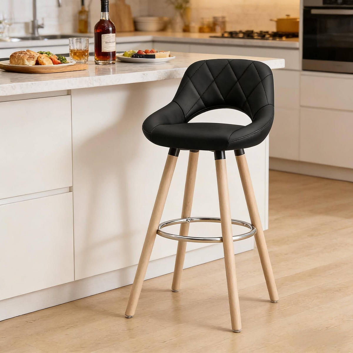 BARHOCKER mit Rückenlehne Sitzhöhe 68 cm Kunstleder Schwarz - Schwarz, Holz (40/70/43cm) - Meubliv