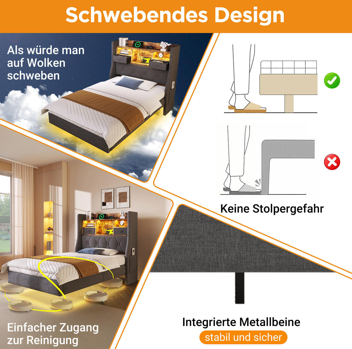 POLSTERBETT 140/200 cm grau aus Leinen mit LED und Ladestation - Grau, Textil (140/200cm) - OKMYHOME