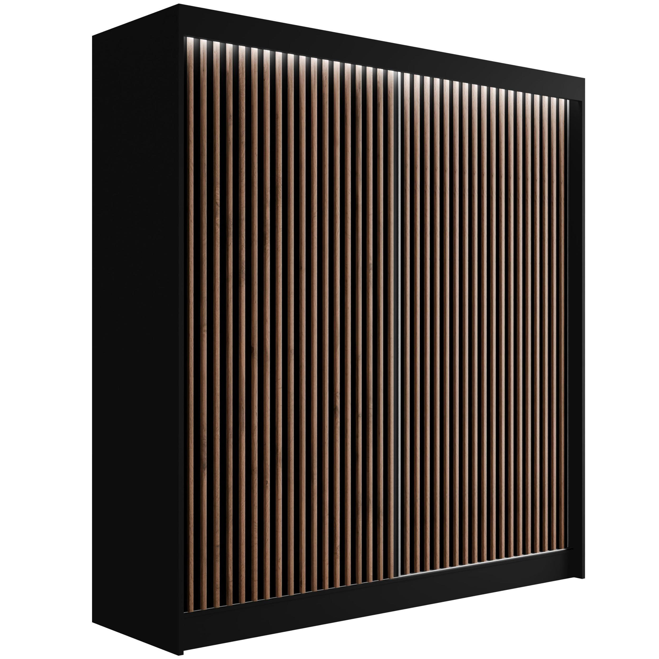 ALTDECOR ŠATNÍ SKŘÍŇ s LED, lamelové posuvné dveře VILANv2 – 200 cm černá + lamely dub wotan