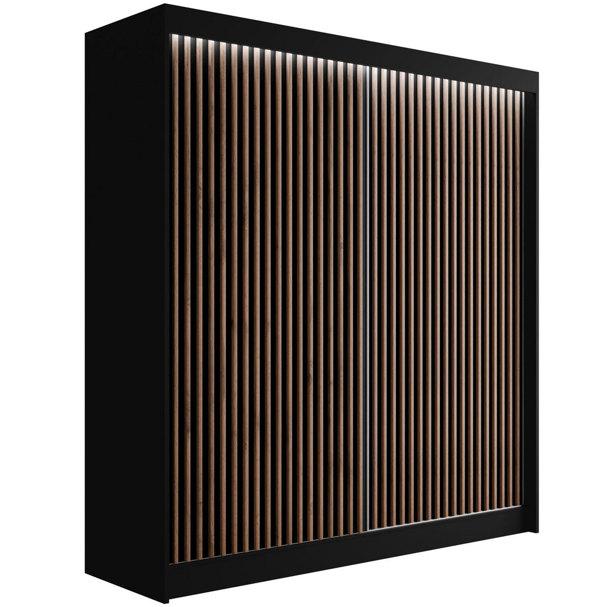 KLEIDERSCHRANK mit LED, Lamel-Schiebetüren VILANv2 - 200 cm Schwarz + Lamelle Eiche Wotan - Eiche Wotan/Schwarz, Holzwerkstoff (200/215/61cm) - ALTDECOR