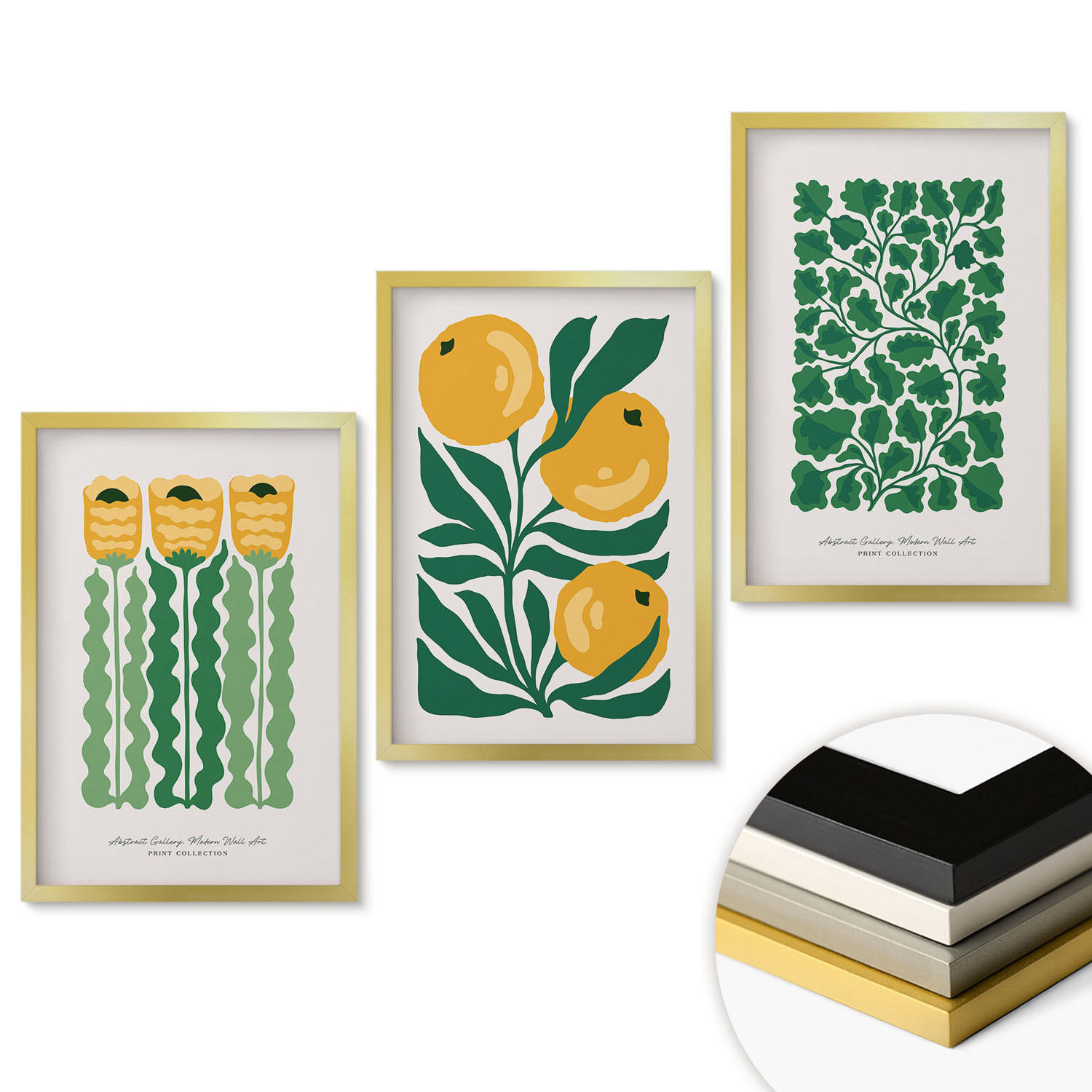 WANDBILDER 3er Set - 40x60 cm Goldrahmen - Pflanzenmuster Blüten Blätter - Goldfarben, Kunststoff (40/60cm) - ArtPrintCave