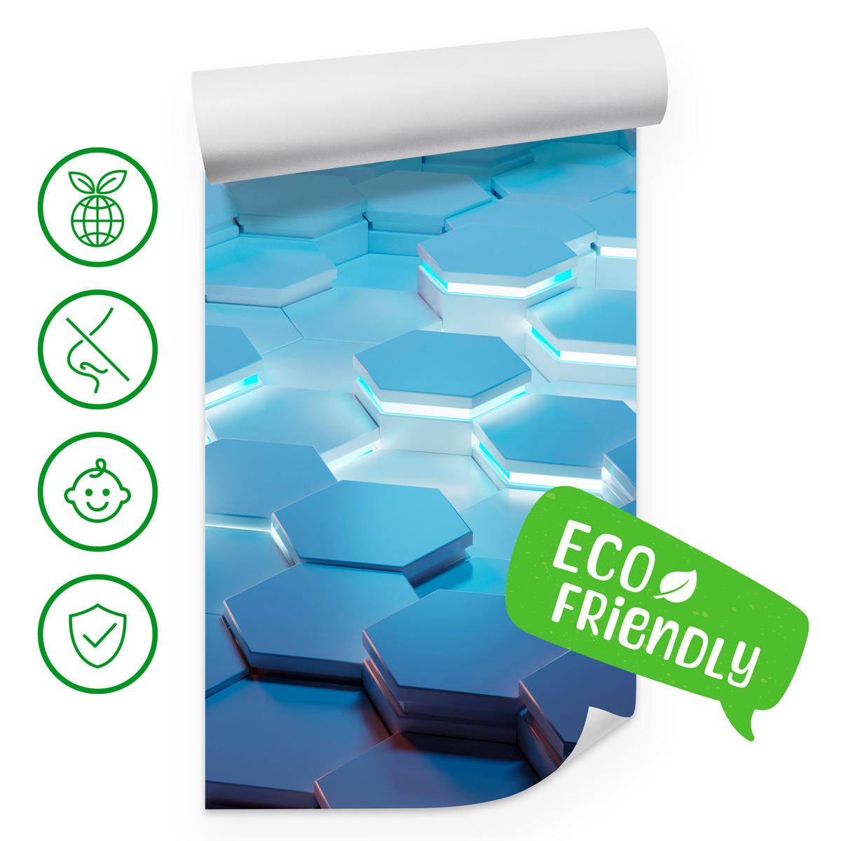 FOTOTAPETE für Jugendzimmer Blaue Neon Hexagone Formen Geometrie 400x280 - Blau/Weiß, Papier (400/280cm) - Muralo