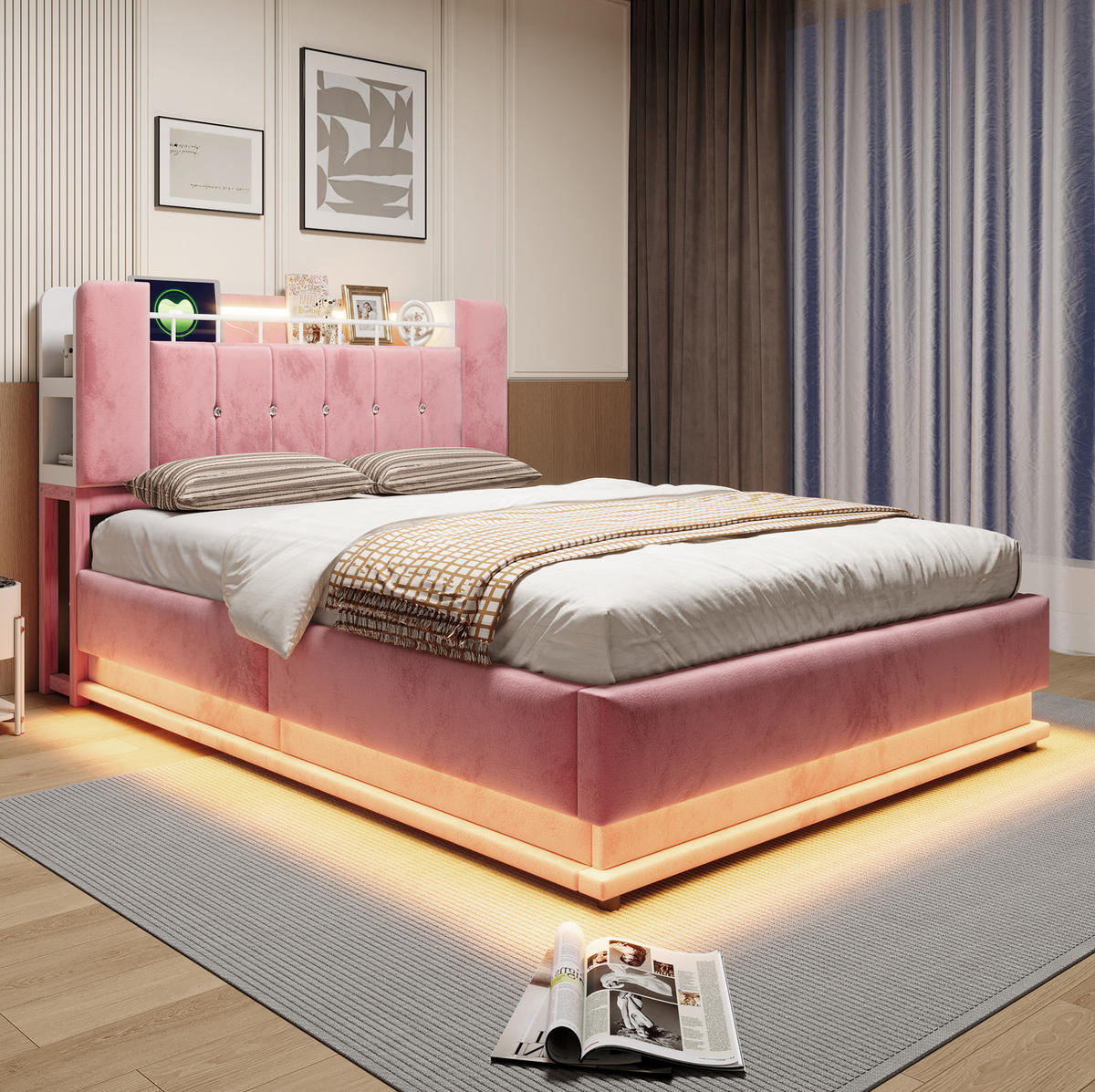 POLSTERBETT mit Samtbezug 140x200 cm Rosa mit LED-Beleuchtung, USB-Anschlüssen und Stauraum - Pink, Textil (140/200cm) - Modfu