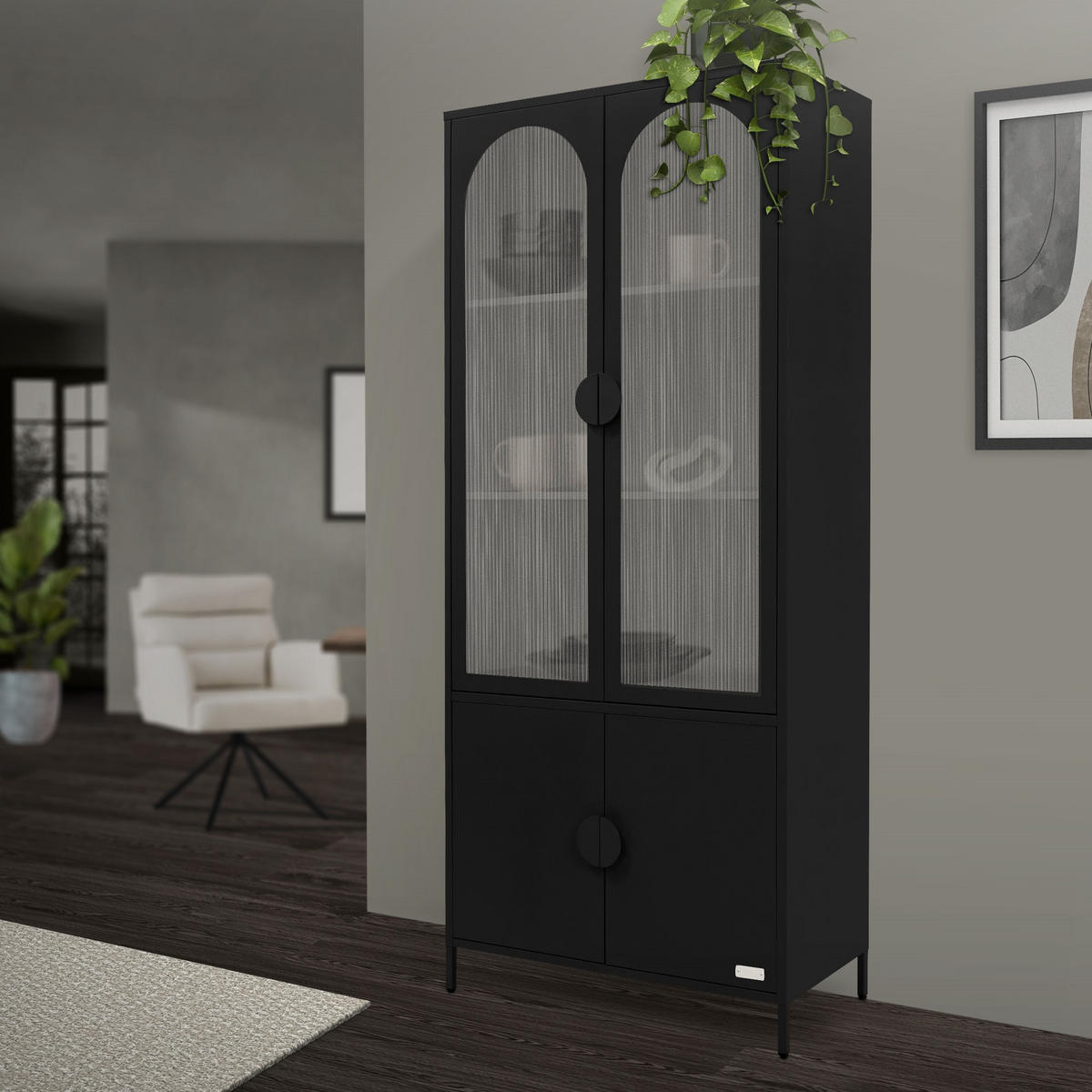 VITRINENSCHRANK 80x185x40 cm Schwarz aus Stahl mit 4 Türen - Schwarz, Metall (80/185/40cm) - ML-DESIGN