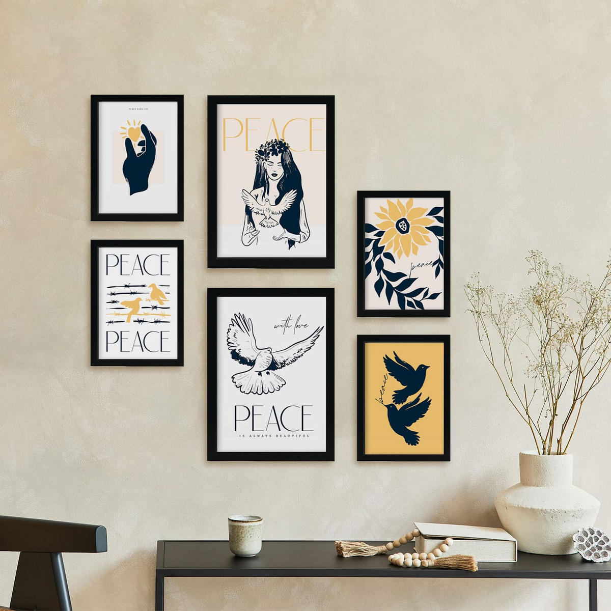 POSTER Set Mit 6 In Schwarzer Tinte Frieden Und Liebe A3 & A4 Rahmenlos - Klar, Papier (29/3cm) - Nacnic