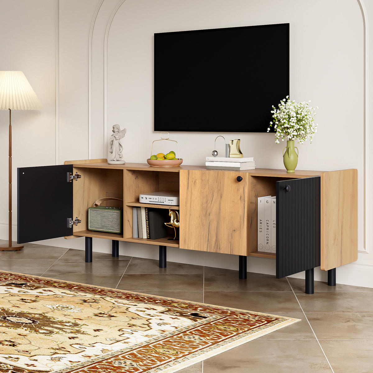 TV SCHRANK mit Drei Türen und Zwei Offenen Fächern - Schwarz/Braun, Holzwerkstoff (38/57/160cm) - Urban Meuble
