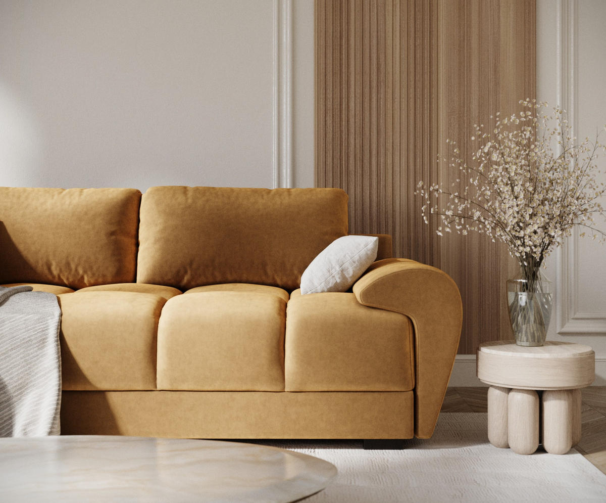 3-SITZER SOFA Peebles Honigfarbe Samtstoff - Schwarz/Honig, Holz/Holzwerkstoff (244/90/101cm) - Maison de Reve