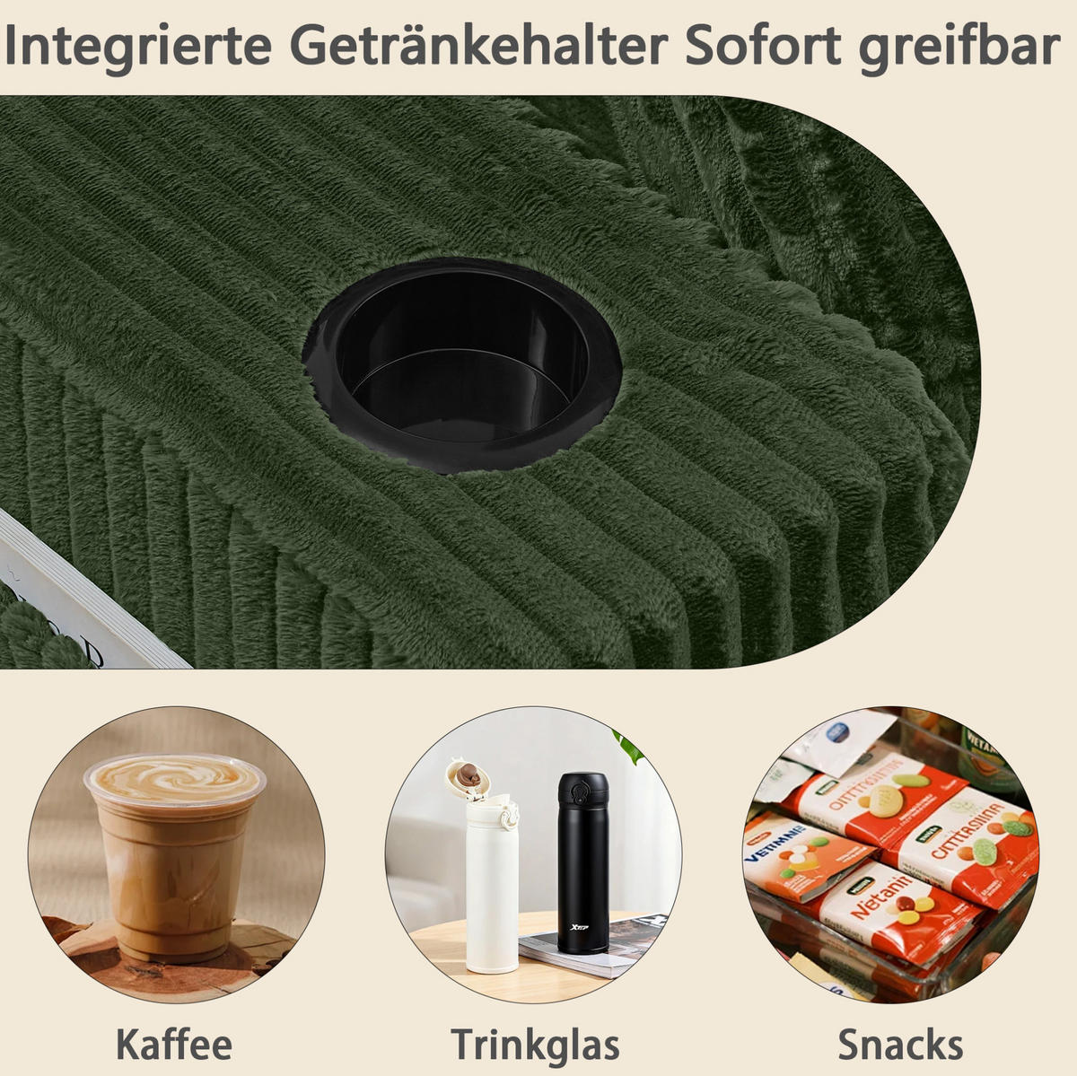 SCHLAFSOFA aus Kordstoff und Schaumstoff Grün mit Getränkehalter, Seitentasche und abnehmbaren Kissen - Grün, Kunststoff (186/78/154cm) - Modfu