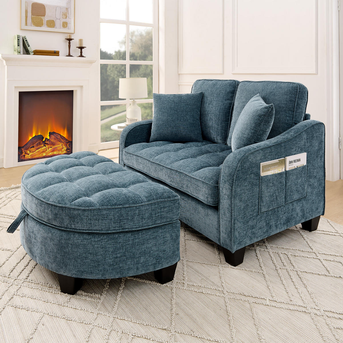 SOFA Chenille Blau mit Hocker und Schlaffunktion - Blau, Holzwerkstoff/Kunststoff (132/93/129cm) - WISHDOR