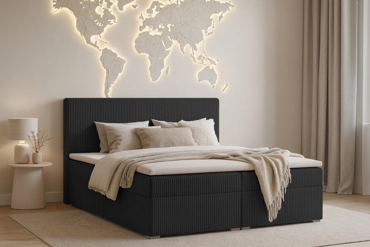 BOXBETT LOFT IV 160/200 Cord Schwarz mit Taschen-Federkernmatratzen 7 Zonen H4 - Schwarz, Holz/Holzwerkstoff (160/200cm) - Deine Möbel 24