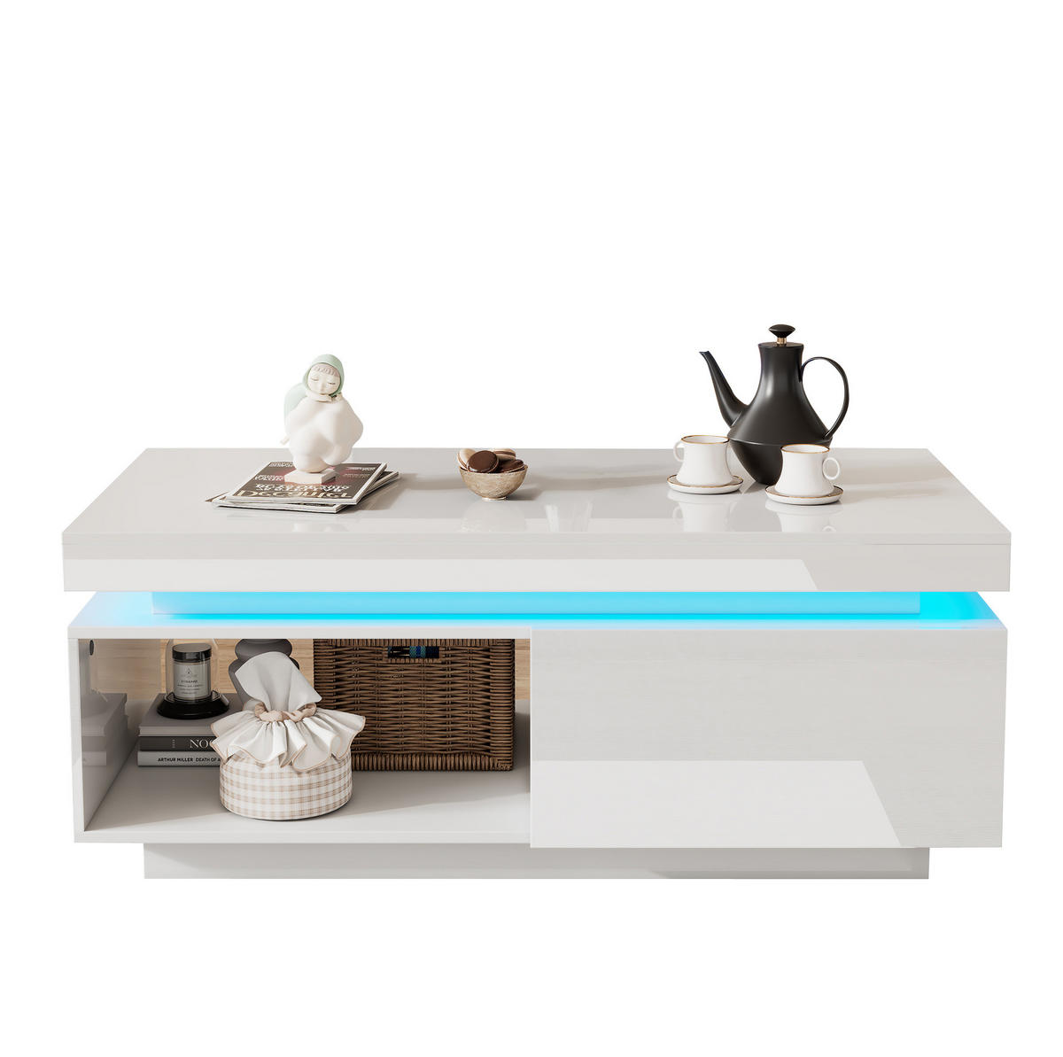 COUCHTISCH 100/50/40.3 cm in Weiß aus Spanplatte mit LED-Beleuchtung und Schublade - Weiß, Holzwerkstoff (100/50/40cm) - OKMYHOME