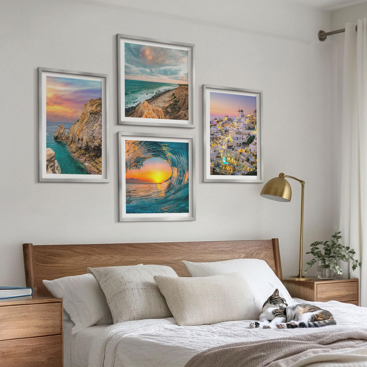 WANDBILDER 4er Set - 50x50 cm & 40x60 cm Silberner Rahmen - Meereswellen, weiße Häuser, Santorini - Silberfarben, Kunststoff (50/50cm) - ArtPrintCave
