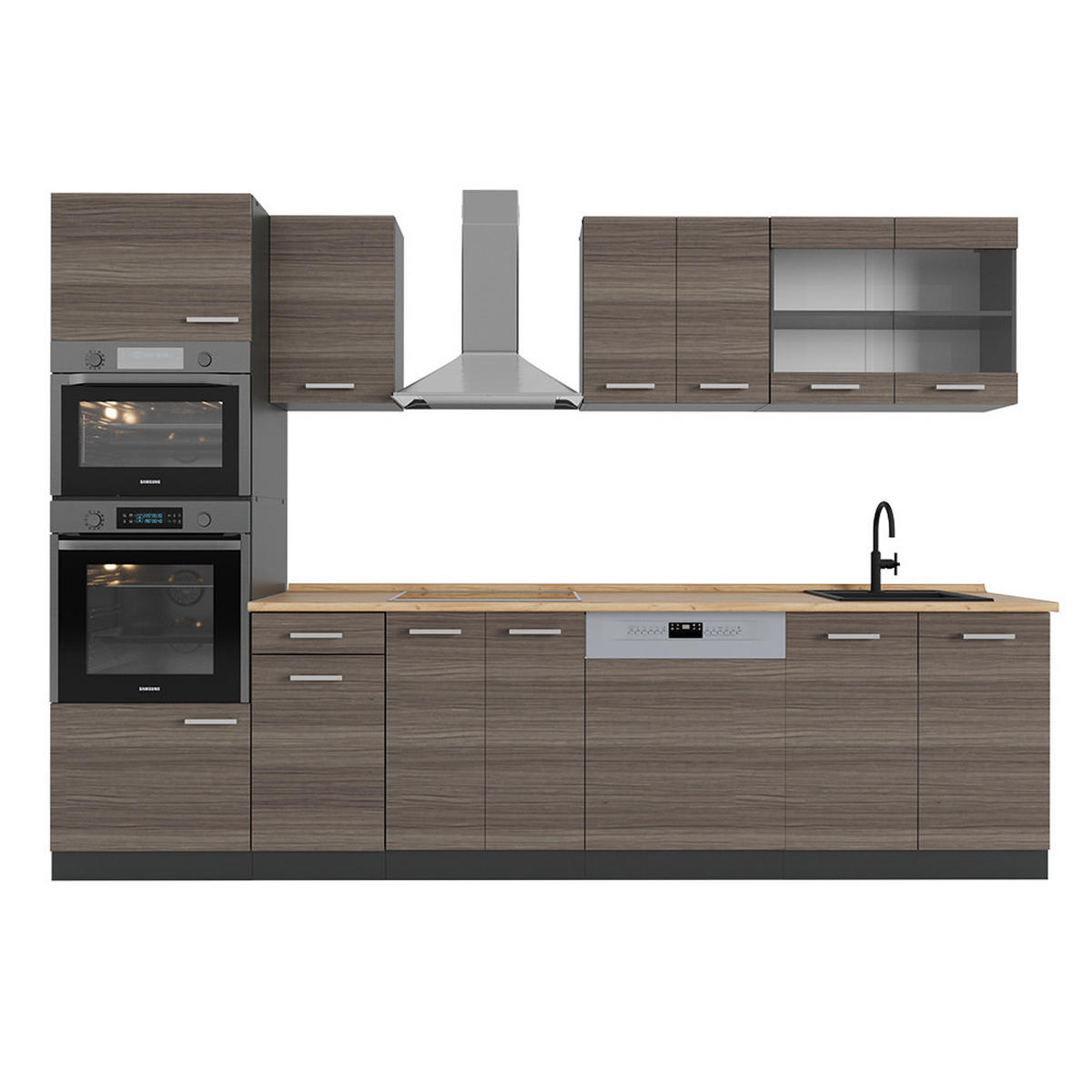 KÜCHENZEILE R-Line Edelgrau/Anthrazit 300 cm mit Hochschrank, ohne Arbeitsplatte - Anthrazit/Braun, Holzwerkstoff (300/81.6/46cm) - Vicco