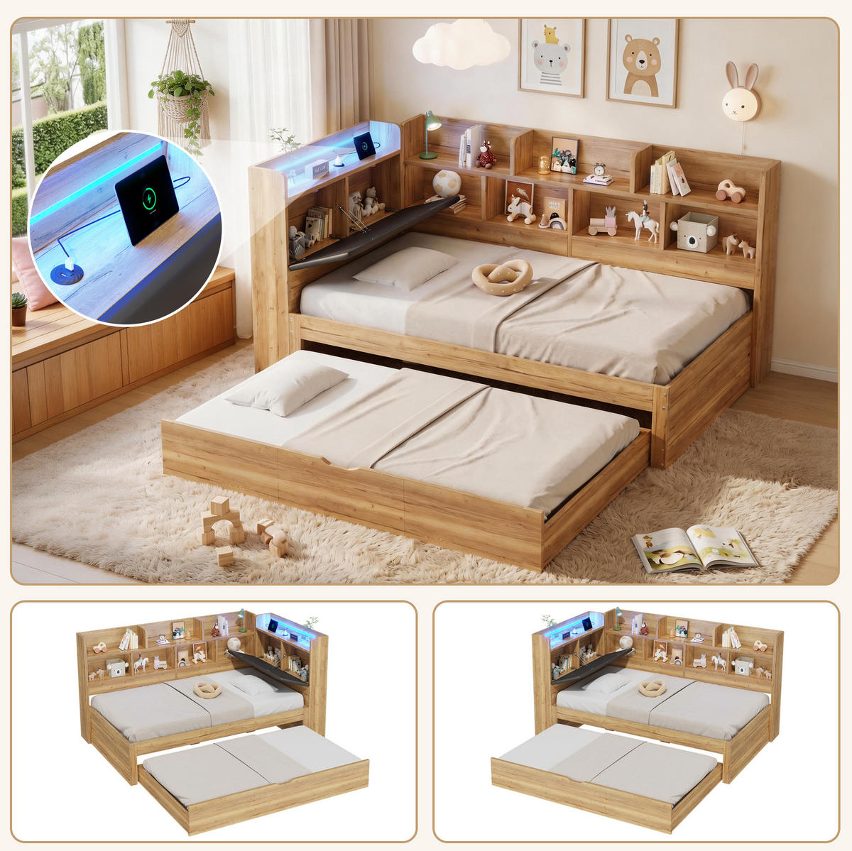 KINDERBETT 90/200 cm aus MDF mit Ausziehbett 90/190 cm, LED und USB - Naturfarben, Holzwerkstoff (90/200cm) - BEAOK