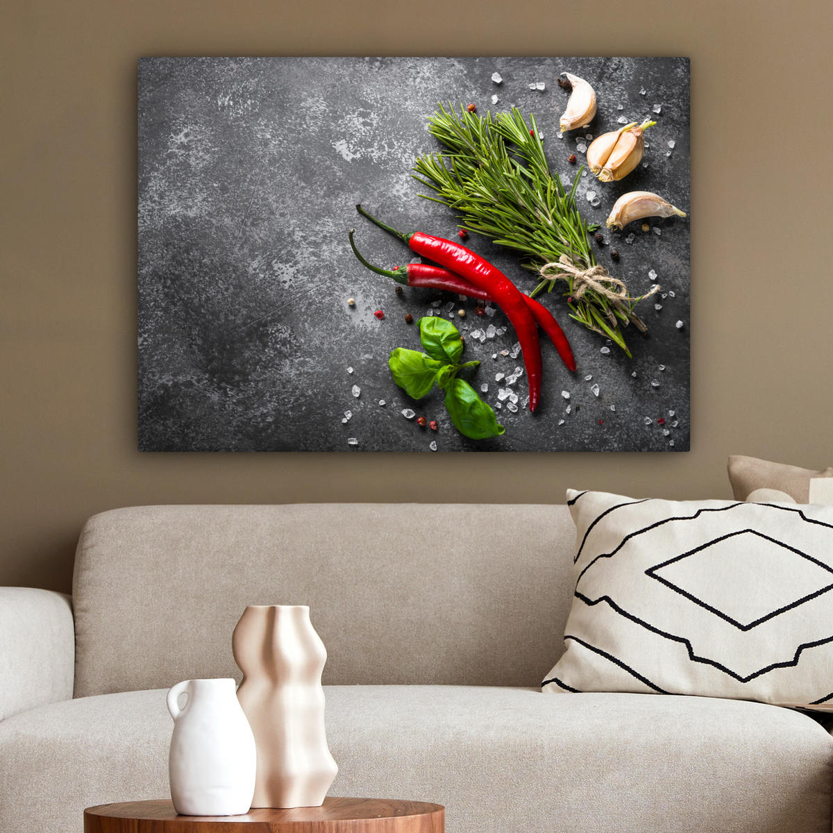 LEINWANDBILD Pfeffer - Kräuter - Gewürze - Beton Wandbilder 80x60 cm - Dunkelgrau, Textil (80/60cm) - MuchoWow