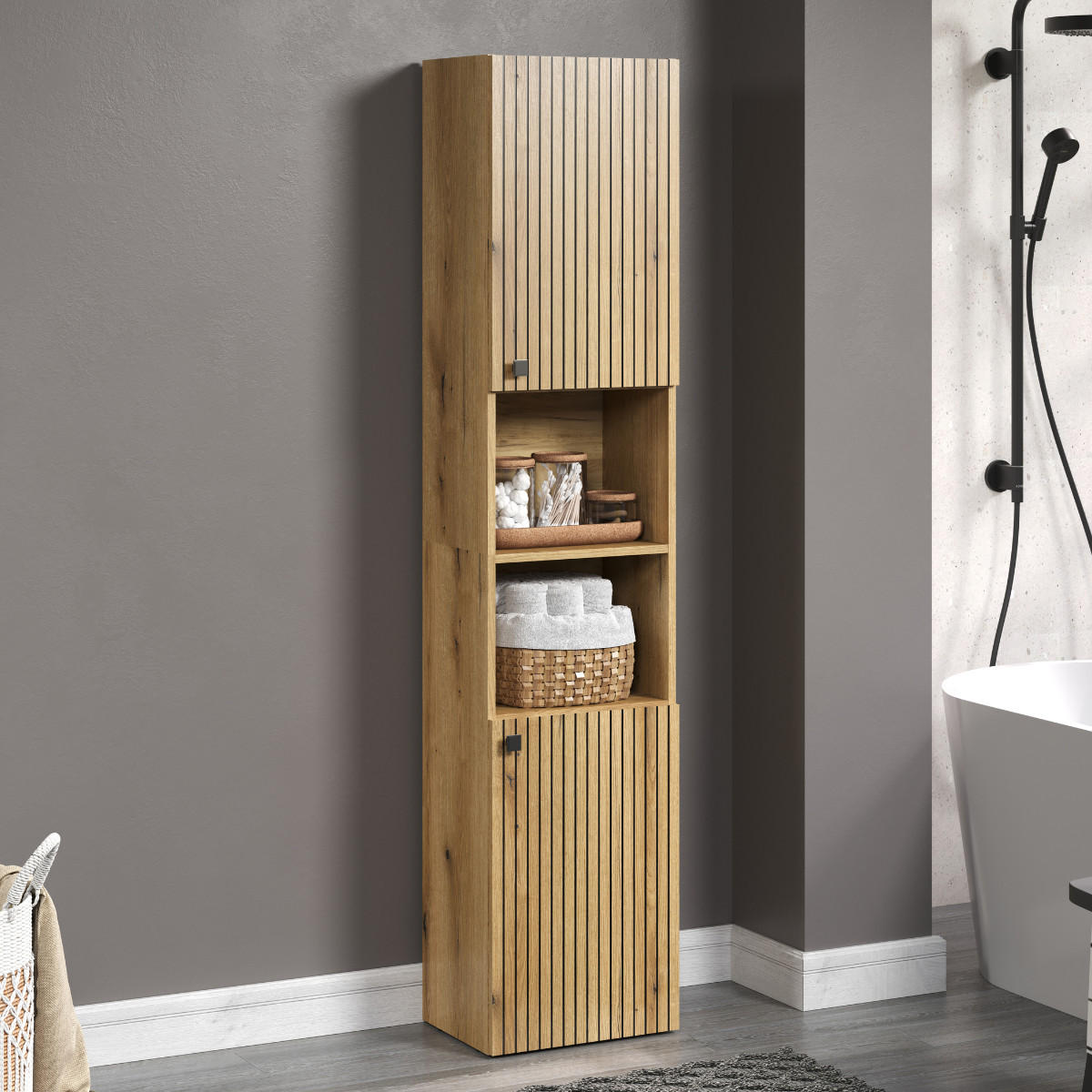 BADEZIMMERSÄULE mit Rillen, 2 Türen und 2 Fächern - purebliss 112/15/44,5 cm - Eichefarben, Holzwerkstoff (40/186/31cm) - Trendteam