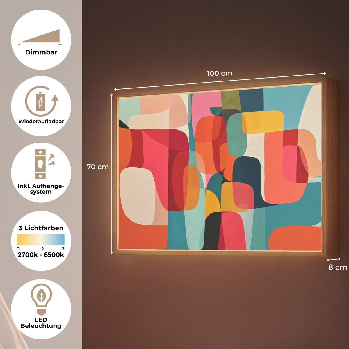 WANDLEUCHTE MIT AKKU Formen - Bunt - Abstrakt - Flugzeuge 100x70 cm - Multicolor, Holzwerkstoff (100/70/8cm) - OnlyWow