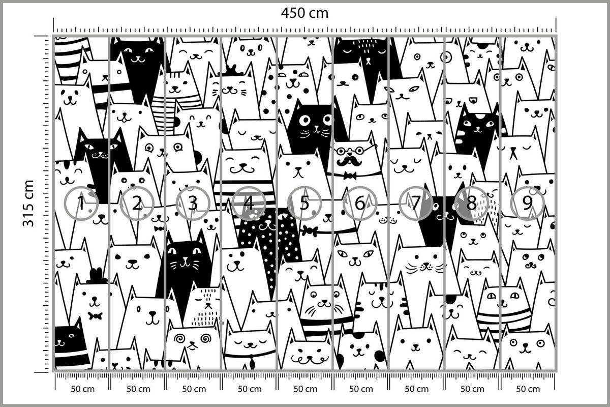 FOTOTAPETE für Kinderzimmer Schwarze Weiße Comic Katzen 450x315 - Schwarz/Weiß, Papier (450/315cm) - Muralo