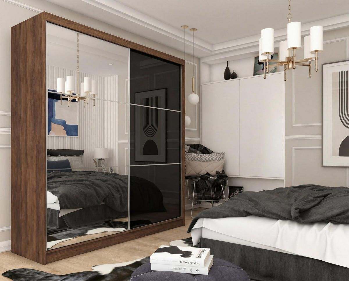 SCHWEBETÜRENSCHRANK VITALE 200/216/61 cm Modern Kleiderschrank 2-türig mit Spiegel Nussbaumfarben - Nussbaumfarben, Holzwerkstoff (200/216/61cm) - MASSENO