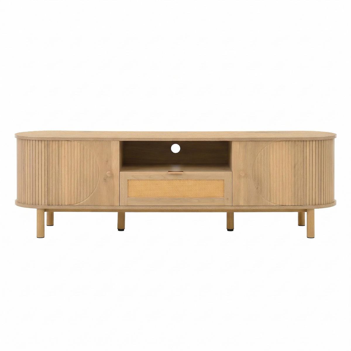 TV-SCHRANK 175 cm Natur Holzoptik mit Rattan-Schublade, Runddesign & offenen Fächern - Naturfarben, Holzwerkstoff (175/51/36cm) - Urban Meuble
