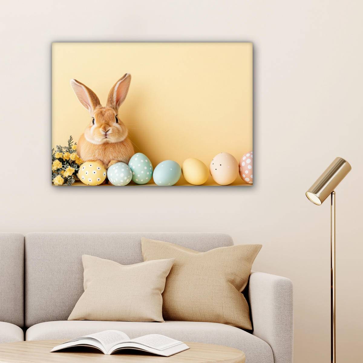 LEINWANDBILD Eier - Kaninchen - Pastellfarbtöne Wandbilder 80x60 cm - Hellgelb, Textil (80/60cm) - MuchoWow