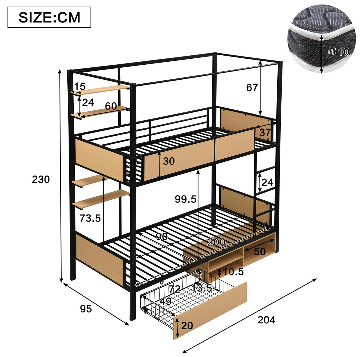 ETAGENBETT 90/200 cm aus Metall & MDF mit Stauraum und Ablagen - Schwarz, Holzwerkstoff (90/200cm) - BEAOK