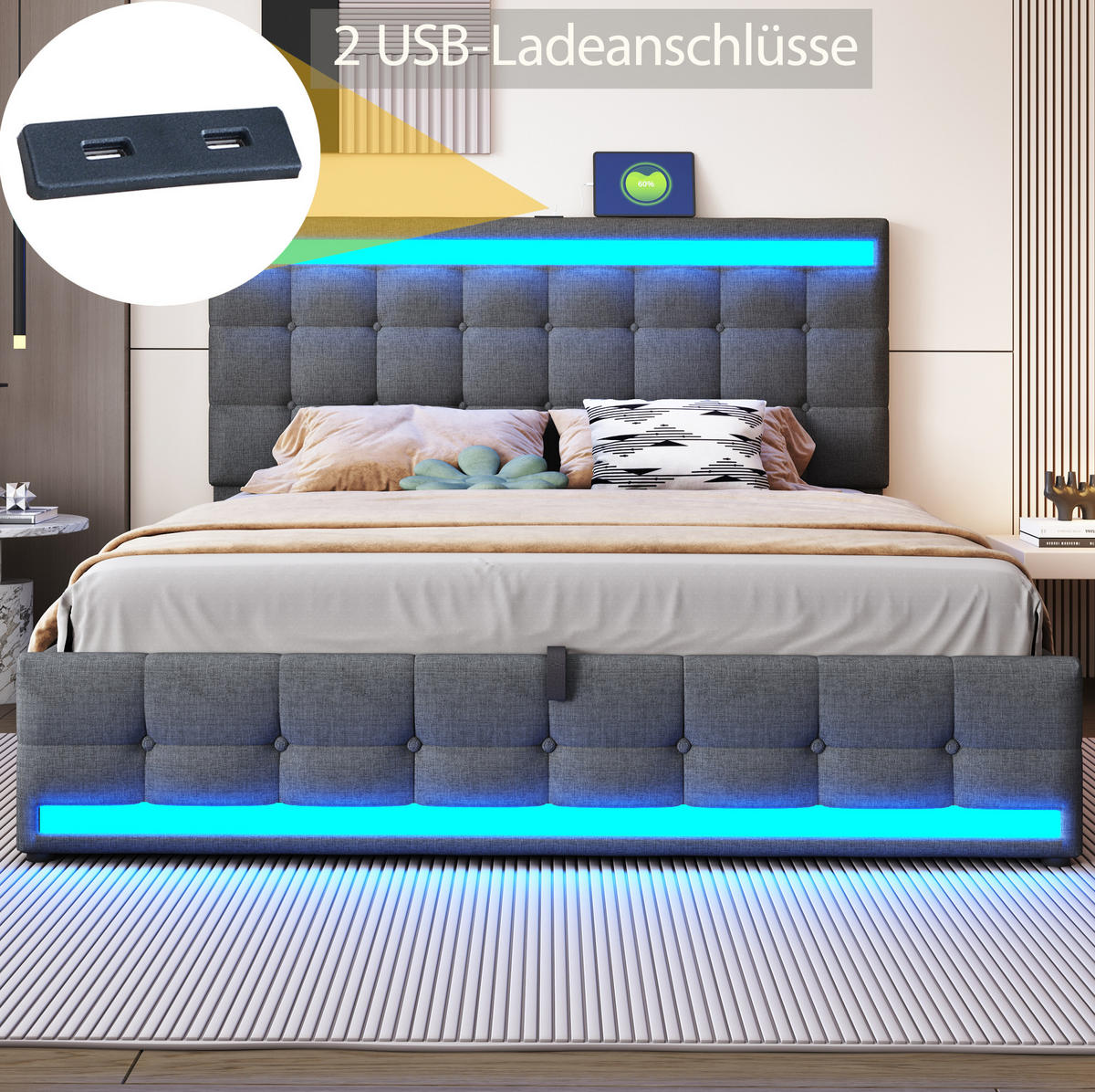 ČALOUNĚNÁ postel 180/200 cm šedá z lněné tkaniny s LED osvětlením a USB - šedá, textil (180/200cm) - OKWISH