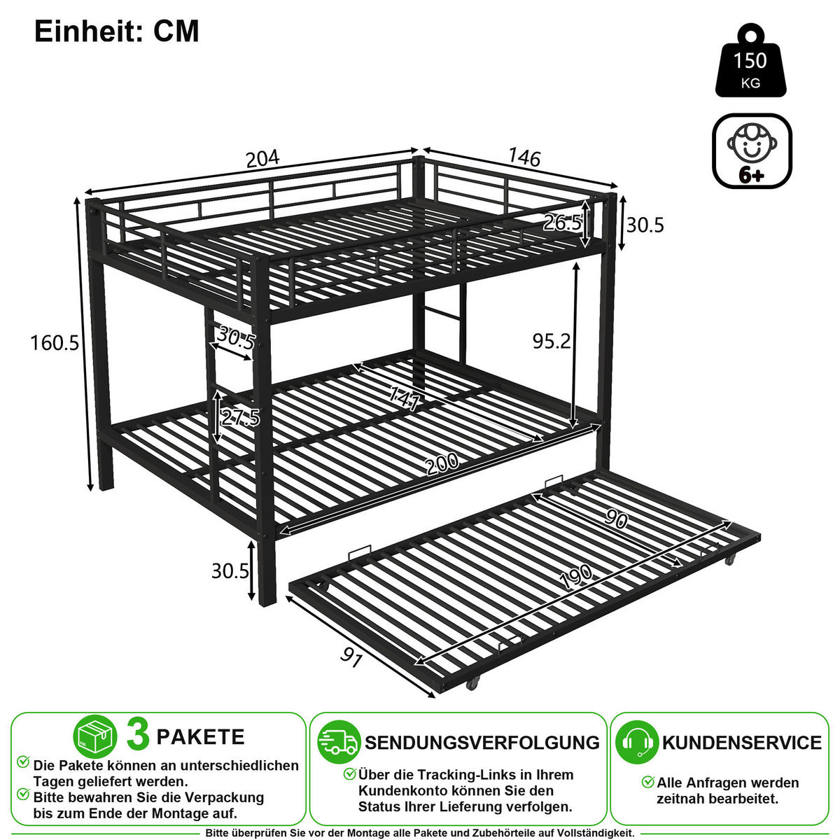 PATROVÁ POSTEL 140/200 cm & 90/190 cm v černé barvě s výsuvným lůžkem - černá, kov (140/200cm) - CHICFURN