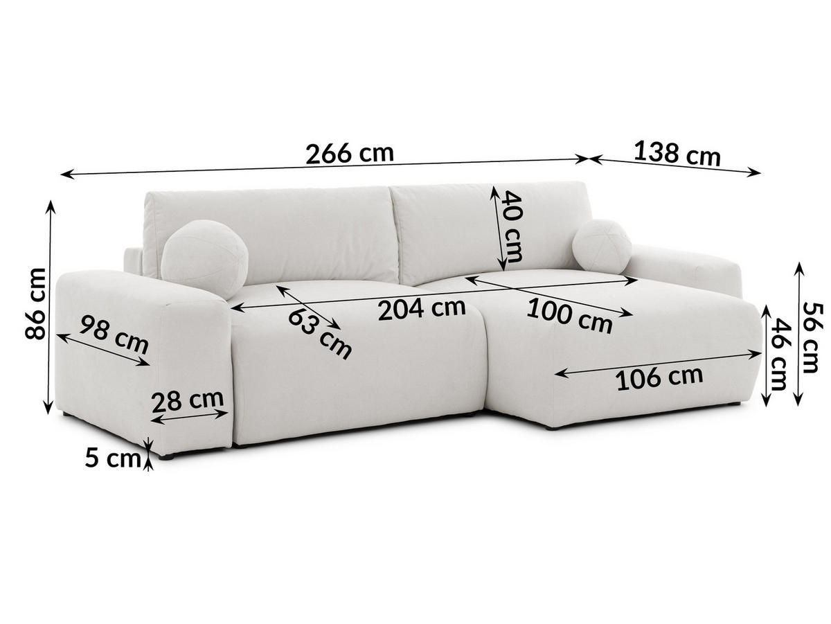 ECKSOFA Puffy mit Schlaffunktion und Bettkasten - besonders weich und puffig aus Creme Webstoff - Ottomane rechts - Creme/Schwarz, Holz/Kunststoff (266/138cm) - S-Style Möbel