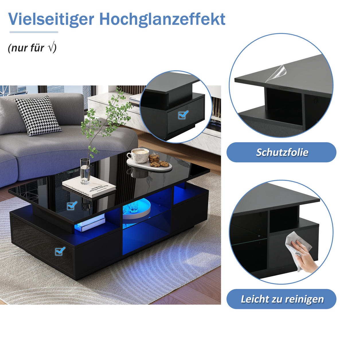 COUCHTISCH 100/50/36 cm Schwarz aus Spanplatte mit LED-Beleuchtung und 2 Schubladen - Schwarz, Holzwerkstoff (100/50/36cm) - OKWISH