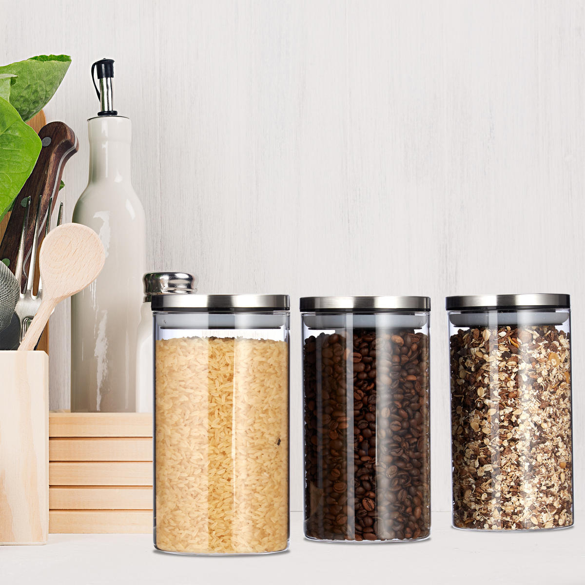 3XVORRATSGLAS - Transparent, Glas/Kunststoff (9.5/18/9.5cm) - Relaxdays